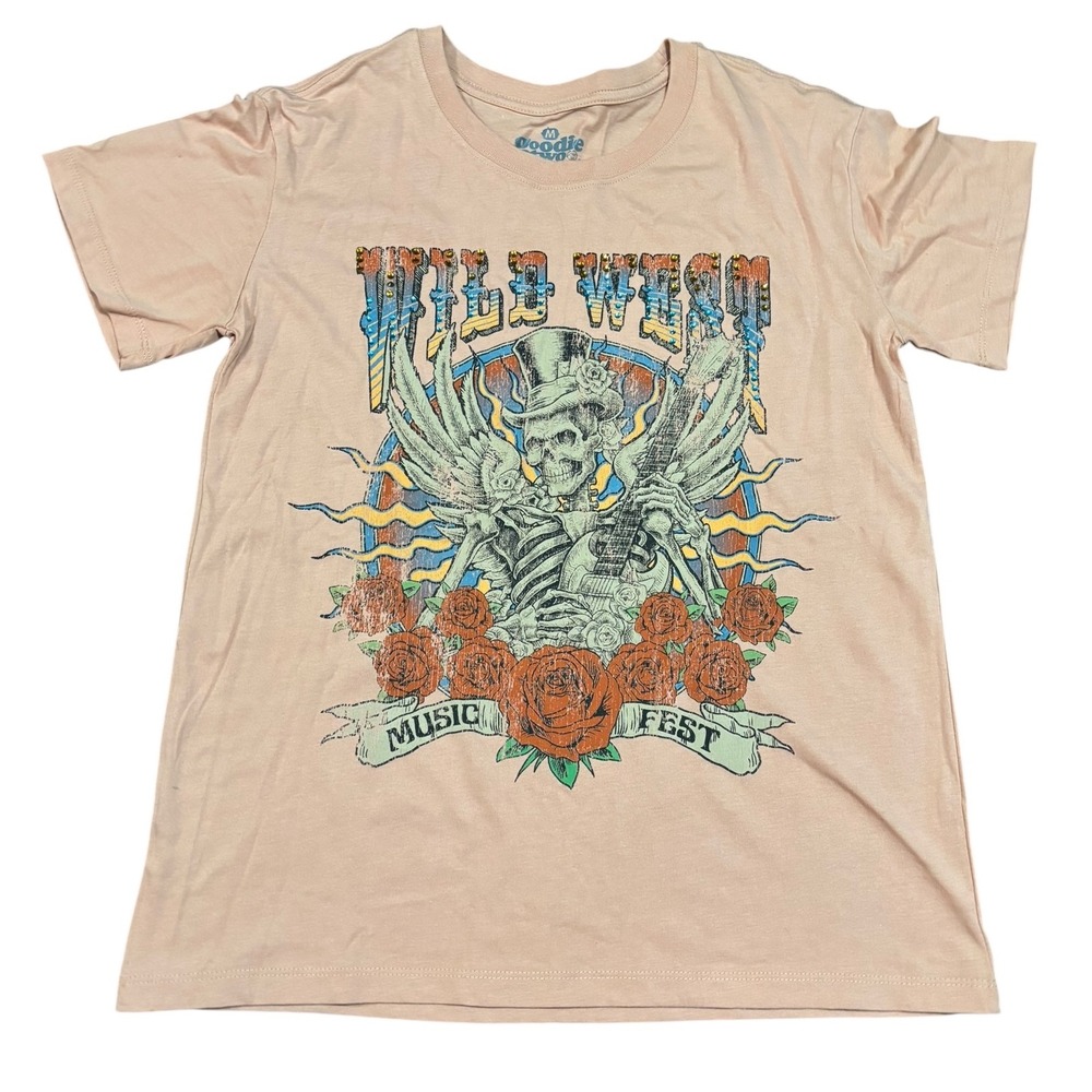 Goodie Two Sleeves Wild West‎ Music Fest Graphic T-Shirt Skeleton Roses Medium